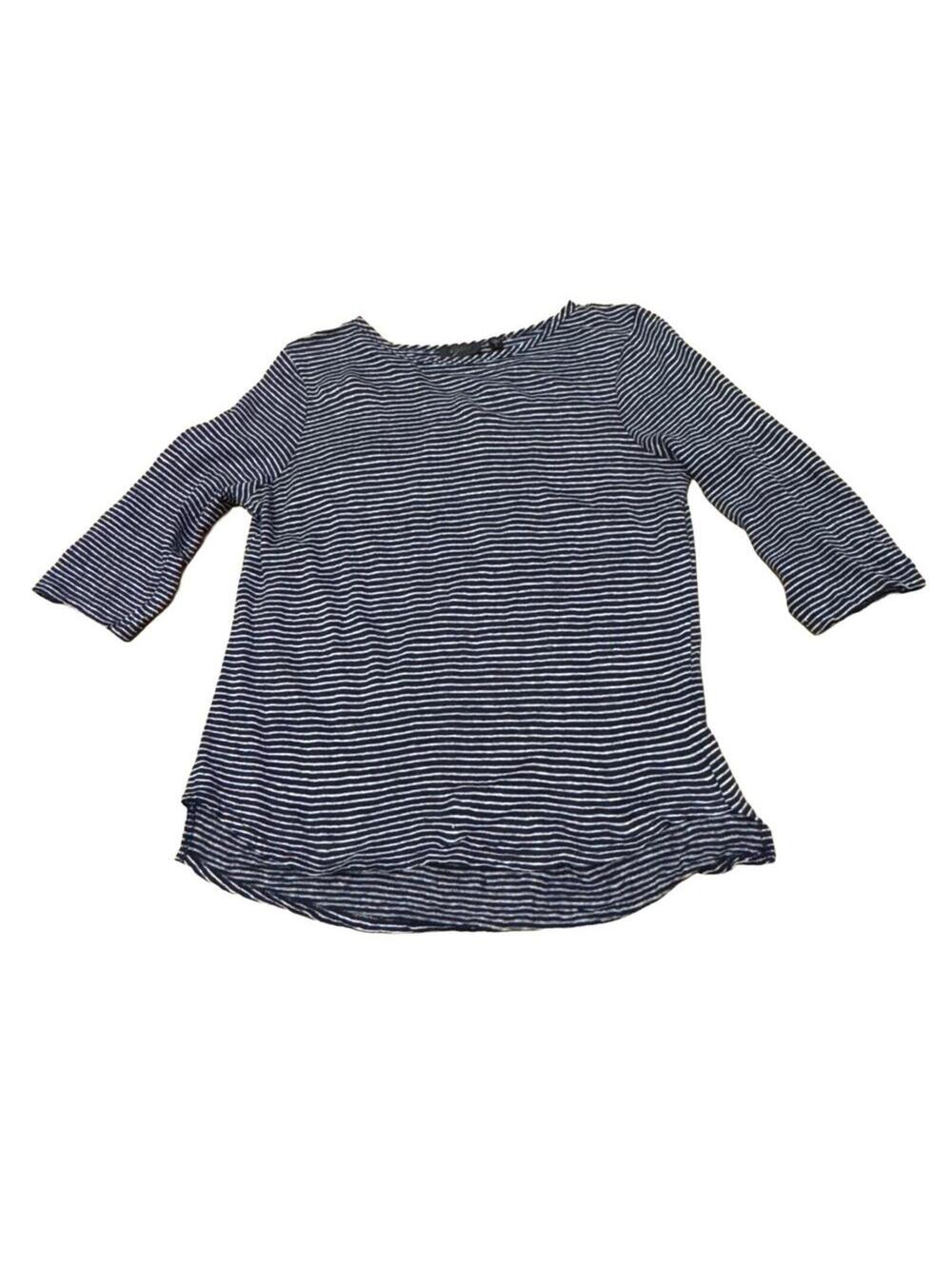 Eyn Linen Tshirt tee top 3/4 sleeve Stripe Womens Large * Blue